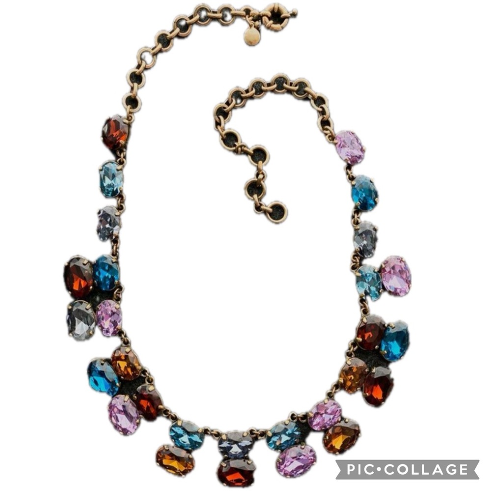 J.Crew Multicolor Oval Jewel Crystal Cluster Double Strand Bronze Prong Necklace